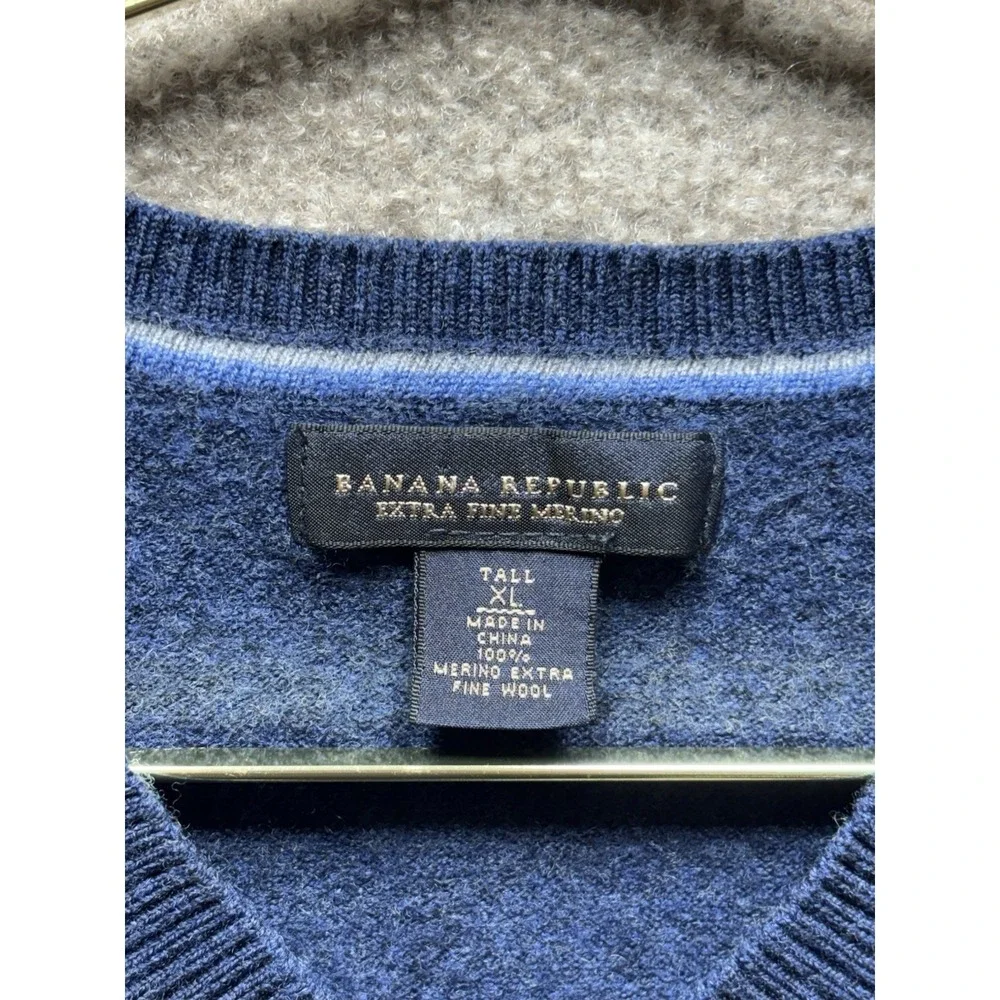 Banana Republic Sweater Mens XL Tall 100% Merino Wool Pullover V-Neck Blue EUC